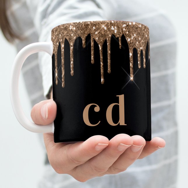 Schwarzer Glitzer Tropfen monogramm funkelnd elega Kaffeetasse (Von Creator hochgeladen)