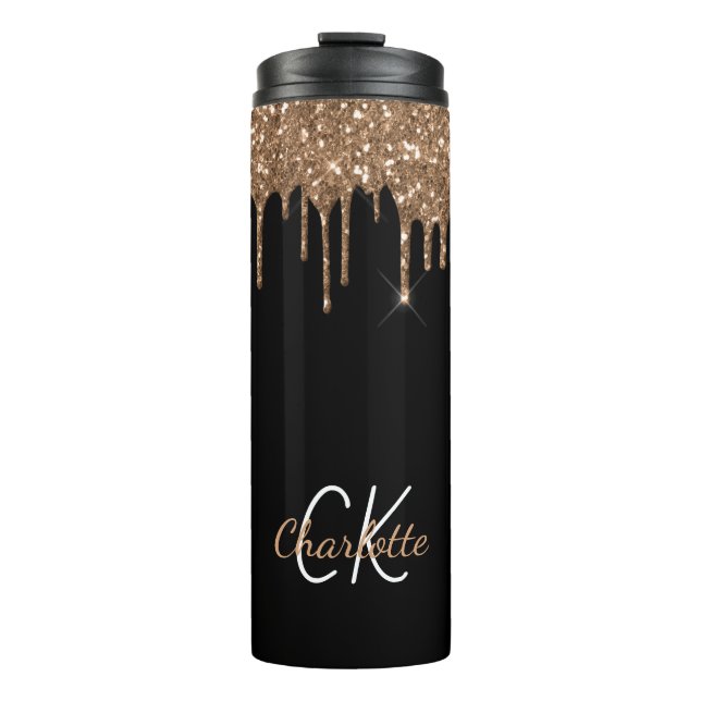 Schwarzer Glitzer Tropfen Monogramm funkelndes Chi Thermosbecher (Vorderseite)