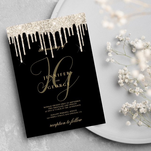 Schwarzer Glitzer Tropfen Monogramm Initialen Hoch Einladung (Black gold glitter drips monogram initials wedding)