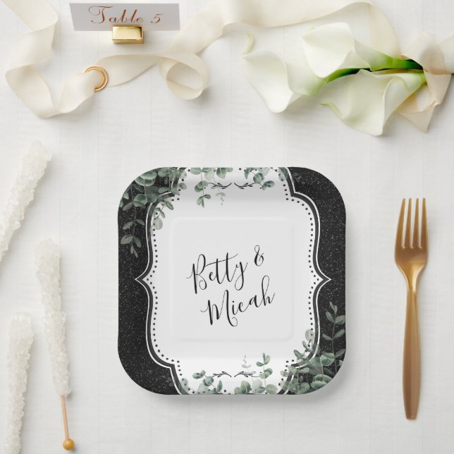 Schwarzer Glitzer und Eukalyptus Bouquet Pappteller (Hochzeit)