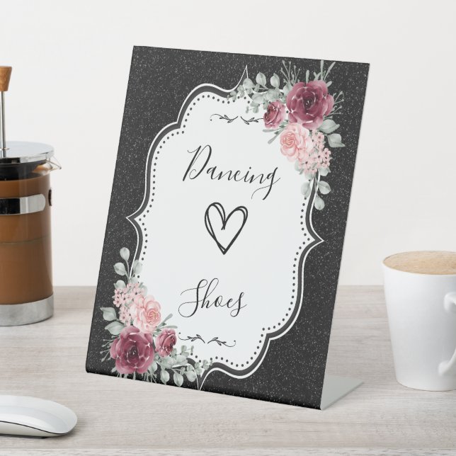 Schwarzer Glitzer und florales Drehte Flop-Zeichen Sockelschild (In SItu)