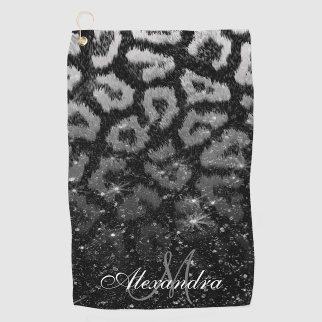 Schwarzer Glitzer und Leopard Golfhandtuch (Vorderseite)