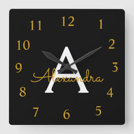 Schwarzer Gold-Script-Monogramm-Mädchenname Quadratische Wanduhr