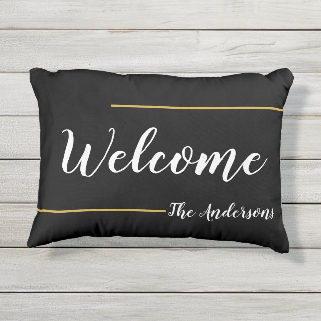 Schwarzer Gold und weißer Text Kissen Für Draußen (Rückseite)