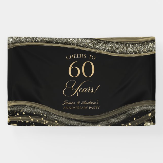 Schwarzer Goldachat 60. Hochzeitstagparty Banner (Horizontal)