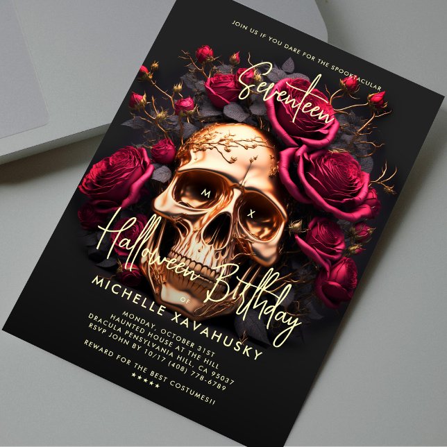 Schwarzer Goldene Schädel-Rote Rosen für Erwachsen Einladung (Adult Halloween Party Birthday Gothic Black Gold Skull Red Roses Invitation
)