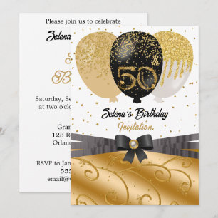 Schwarzer & Goldener 50. Geburtstag Seidenballon-G Einladung