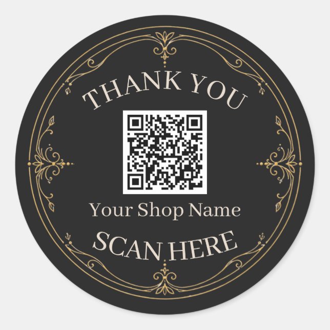 Schwarzer Goldener QR-Code Dankeschön für Kleinunt Runder Aufkleber (Vorderseite)