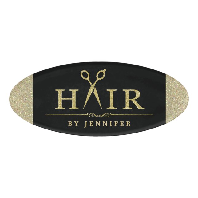 Schwarzer GoldGlitzer-Haar-Stylist Scissors Logo Namenschild (Vorderseite)