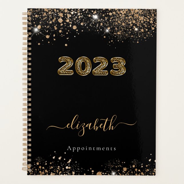 Schwarzer Goldleopard-Glitzer-Monogramm 2023 Planer (Vorderseite)