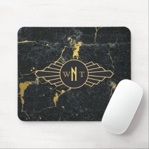 Schwarzer Goldmarmor Drei Buchstaben Monogram Art  Mousepad