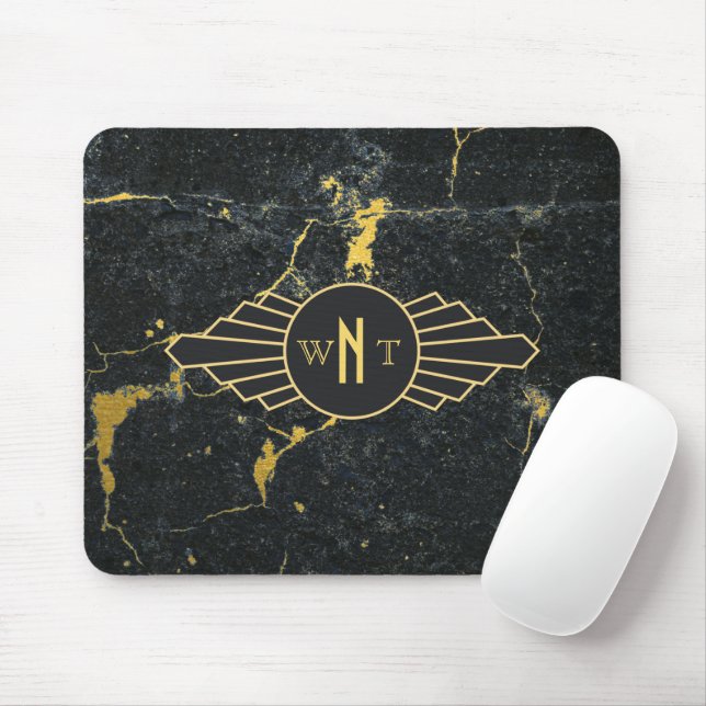 Schwarzer Goldmarmor Drei Buchstaben Monogram Art  Mousepad (Mit Mouse)
