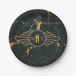 Schwarzer Goldmarmor Drei Buchstaben Monogram Art Pappteller