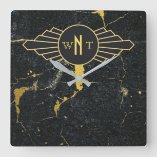 Schwarzer Goldmarmor Drei Buchstaben Monogram Art  Quadratische Wanduhr