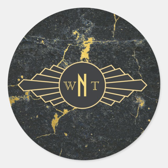 Schwarzer Goldmarmor Drei Buchstaben Monogram Art  Runder Aufkleber (Vorderseite)