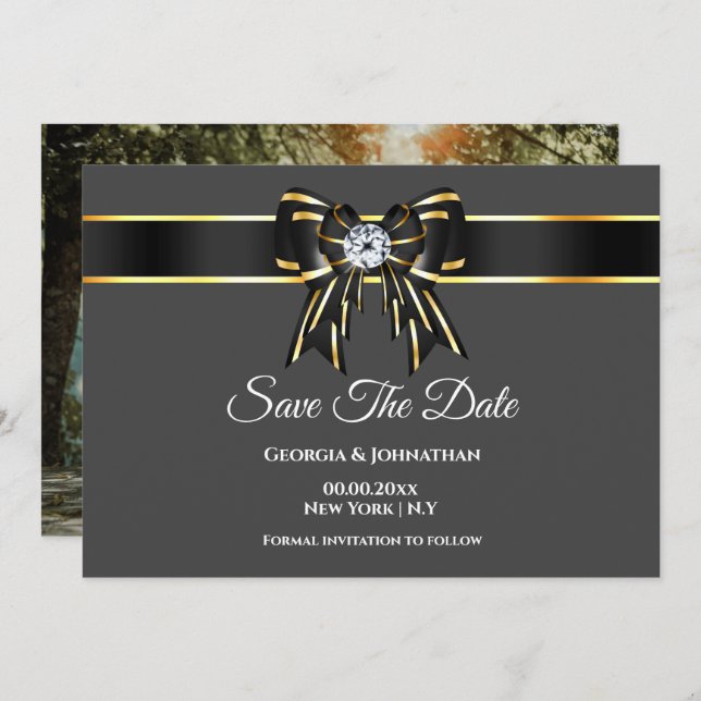 Schwarzer Goldsatin-Satin-Bogen-Diamant mit Foto Save The Date (Vorne/Hinten)