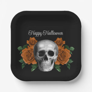 Schwarzer gotischer Blumen-Schädel-Halloween Pappteller