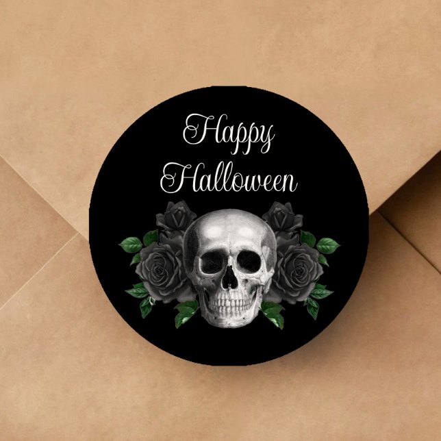 Schwarzer gotischer Blumen-Schädel Halloween Runder Aufkleber (Black Gothic Floral Skull Halloween Classic Round Sticker)
