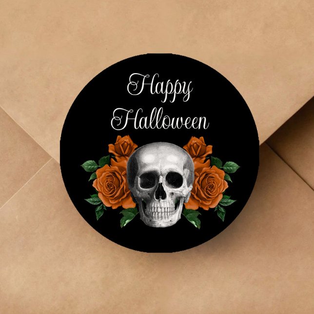 Schwarzer gotischer Blumen-Schädel-Halloween Runder Aufkleber (Black Gothic Floral Skull Halloween Classic Round Sticker)