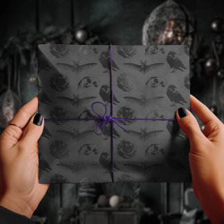 Schwarzer grauer Gothic Crow & Bat Creepy Skull Geschenkpapier