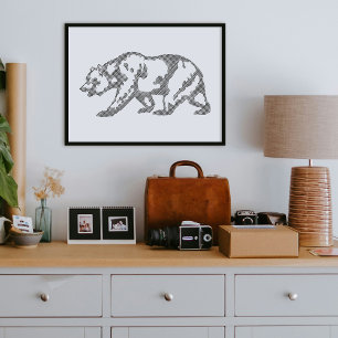 Schwarzer Grizzlybär Tier Line Art Print Poster