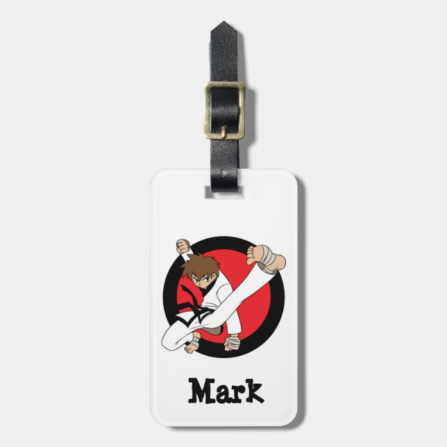 Schwarzer Gurt-Karate/Ninja brünetter Junge Gepäckanhänger (Vorderseite vertikal)