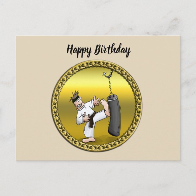 Schwarzer Gürtelkarate-Mann, der eine schwarze Tra Postkarte (Vorderseite)