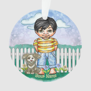 Schwarzer Haarjunge und Hund Ornament