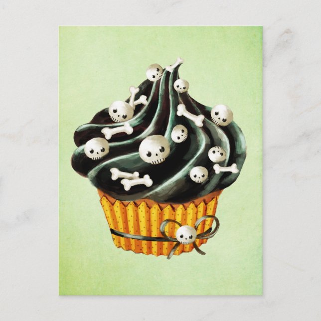 Schwarzer Halloween-Kuchen mit winzigen Schädeln Postkarte (Vorderseite)