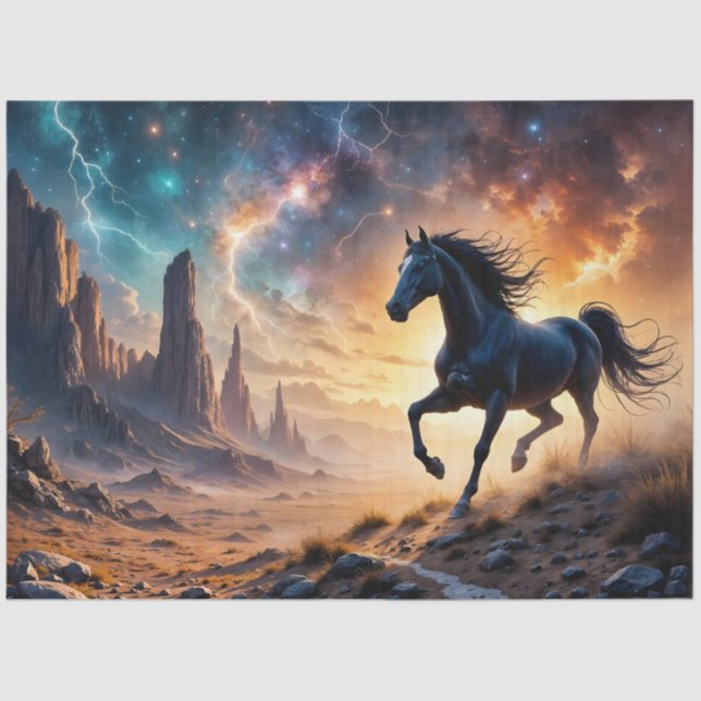Schwarzer Hengst in der Wüste - Sterne Blitze Seidenpapier (Vorderseite)