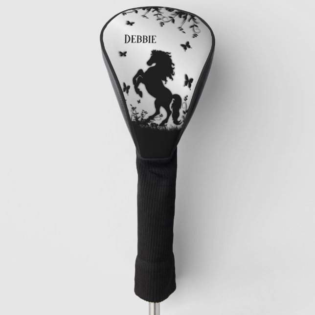 Schwarzer Hengst / Pferd auf Silbername Golf Headcover (Vorderseite)