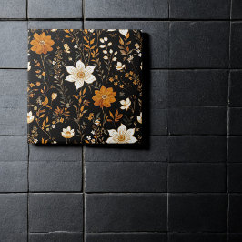 Schwarzer Herbst Boho Vintag Gold Floral Muster Fliese