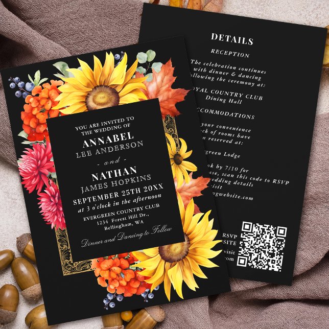 Schwarzer Herbst Wasserfarbe Floral QR Code Einladung (Von Creator hochgeladen)