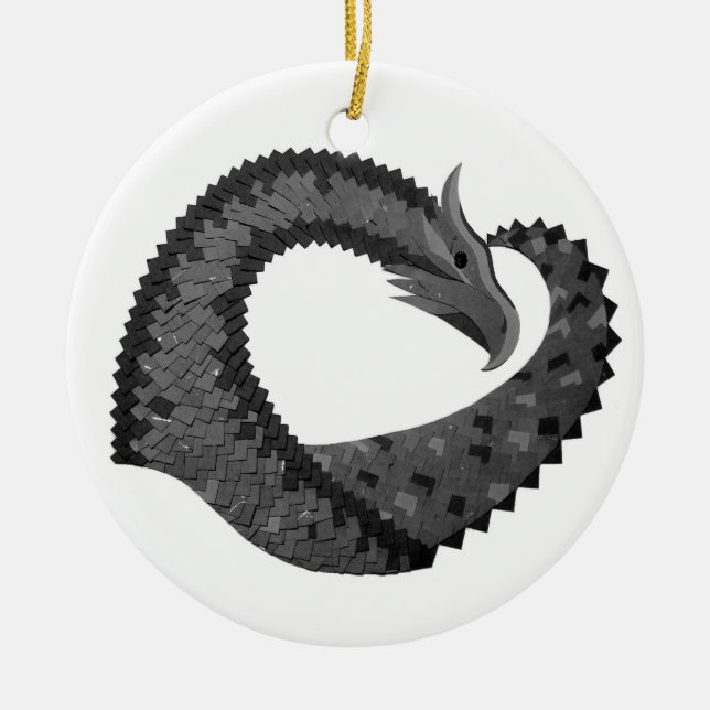 Schwarzer Herzdrache in Weiß Keramik Ornament (Vorne)