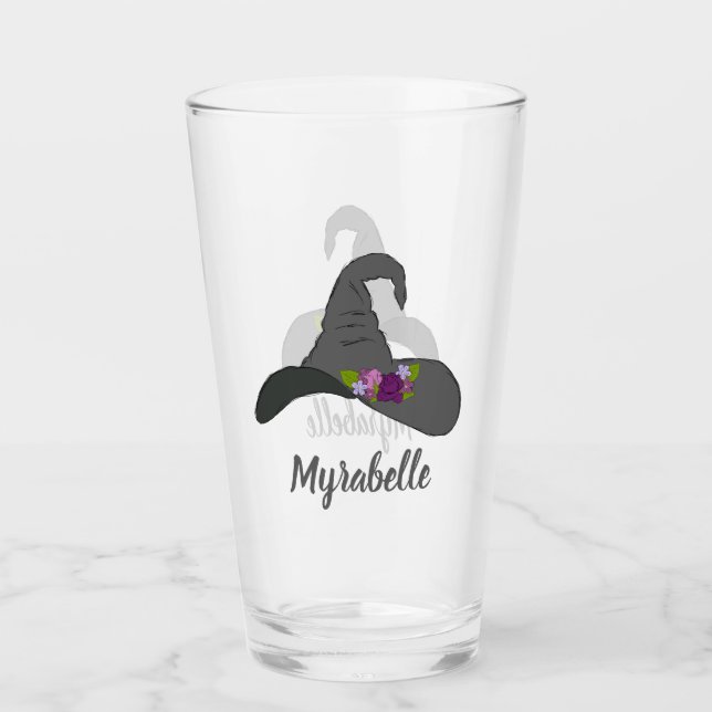 Schwarzer Hexenhut mit Personalisierten Blume Glas (Vorderseite)