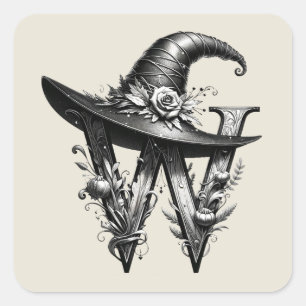 Schwarzer Hexenhut Witchy Brief W Benutzerdefinier Quadratischer Aufkleber