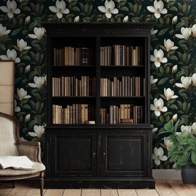 Schwarzer Hintergrund des weißen Magnolienmusters Tapete (Von Creator hochgeladen)