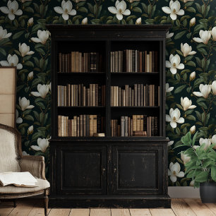 Schwarzer Hintergrund des weißen Magnolienmusters Tapete