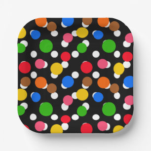 Schwarzer Hintergrund farbenfrohe Polka Punkte Pappteller