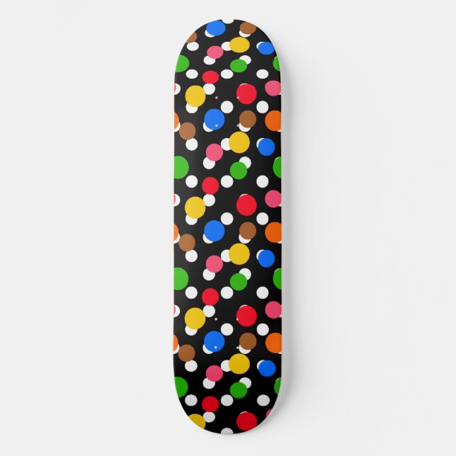 Schwarzer Hintergrund farbenfrohe Polka Punkte Skateboard (Vorderseite)