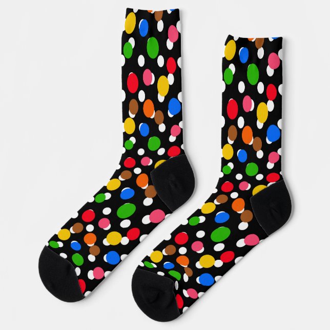 Schwarzer Hintergrund farbenfrohe Polka Punkte Socken (Linkes Detail)