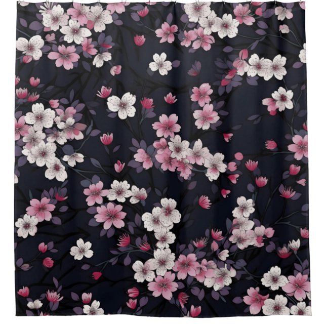 Schwarzer Hintergrund mit Blumen Duschvorhang (Vorderseite)