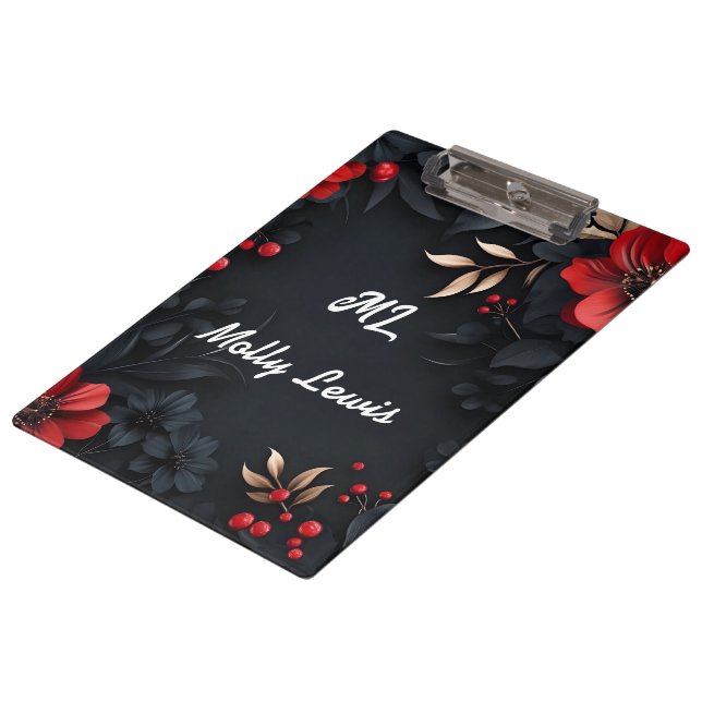 Schwarzer Hintergrund mit Blumendekoration Klemmbrett (Schrägansicht)