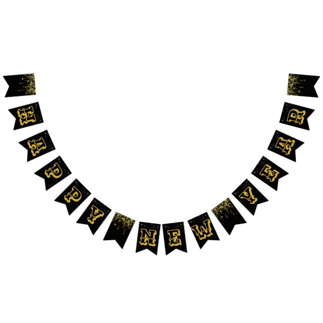 Schwarzer Hintergrund mit sterngoldenem Happy New  Wimpelkette (Alle)