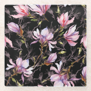 Schwarzer Hintergrund Rosa Magnolia Wasserfarbe Glasuntersetzer