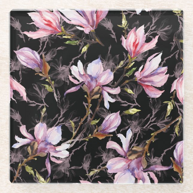 Schwarzer Hintergrund Rosa Magnolia Wasserfarbe Glasuntersetzer (Vorderseite)