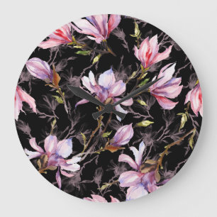 Schwarzer Hintergrund Rosa Magnolia Wasserfarbe Große Wanduhr