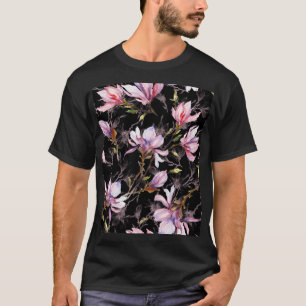 Schwarzer Hintergrund Rosa Magnolia Wasserfarbe T-Shirt