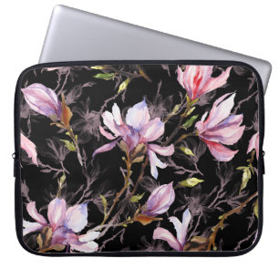 Schwarzer Hintergrund Rosa Magnolie Wasserfarbe Laptopschutzhülle