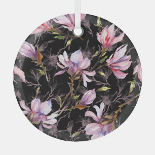 Schwarzer Hintergrund Rosa Magnolie Wasserfarbe Ornament Aus Glas